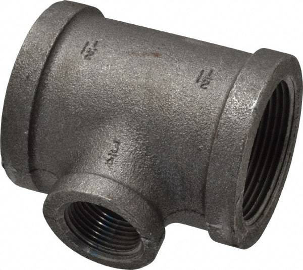Made in USA - Size 1-1/2 x 1-1/2 x 3/4", Class 150, Malleable Iron Black Pipe Reducing Tee - 300 psi, Threaded End Connection - Eagle Tool & Supply