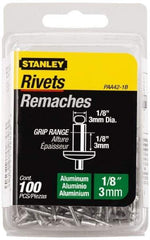 Stanley - Button Head Aluminum Color Coded Blind Rivet - Aluminum Mandrel, 0.062" to 1/8" Grip, 1/4" Head Diam, 0.125" to 0.133" Hole Diam, 0.275" Length Under Head, 1/8" Body Diam - Eagle Tool & Supply