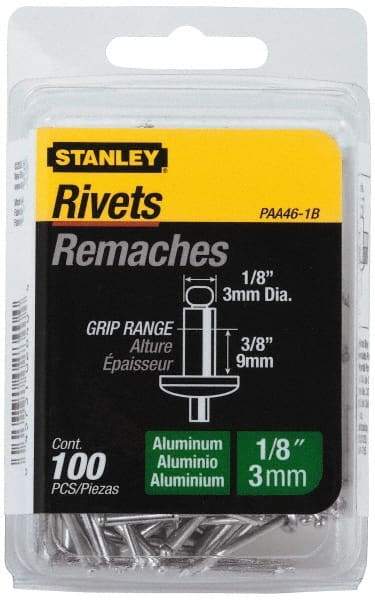 Stanley - Aluminum Color Coded Blind Rivet - Aluminum Mandrel, 0.313" to 3/8" Grip, 1/4" Head Diam, 0.125" to 0.133" Hole Diam, 0.525" Length Under Head, 1/8" Body Diam - Eagle Tool & Supply