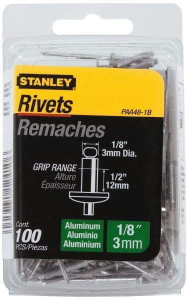 Stanley - Aluminum Color Coded Blind Rivet - Aluminum Mandrel, 3/8" to 1/2" Grip, 1/4" Head Diam, 0.125" to 0.133" Hole Diam, 0.65" Length Under Head, 1/8" Body Diam - Eagle Tool & Supply