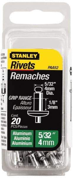 Stanley - Aluminum Color Coded Blind Rivet - Aluminum Mandrel, 0.031" to 1/8" Grip, 5/16" Head Diam, 0.156" to 0.164" Hole Diam, 0.3" Length Under Head, 5/32" Body Diam - Eagle Tool & Supply