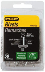 Stanley - Aluminum Color Coded Blind Rivet - Aluminum Mandrel, 0.188" to 1/4" Grip, 5/16" Head Diam, 0.156" to 0.164" Hole Diam, 0.425" Length Under Head, 5/32" Body Diam - Eagle Tool & Supply