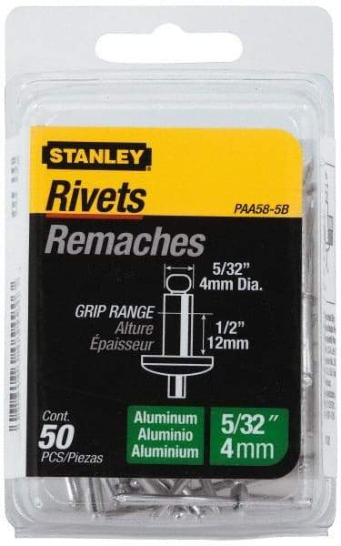 Stanley - Aluminum Color Coded Blind Rivet - Aluminum Mandrel, 3/8" to 1/2" Grip, 5/16" Head Diam, 0.156" to 0.164" Hole Diam, 0.675" Length Under Head, 5/32" Body Diam - Eagle Tool & Supply