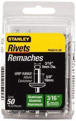 Stanley - Aluminum Color Coded Blind Rivet - Aluminum Mandrel, 1/2" to 5/8" Grip, 3/8" Head Diam, 0.188" to 0.196" Hole Diam, 0.825" Length Under Head, 3/16" Body Diam - Eagle Tool & Supply