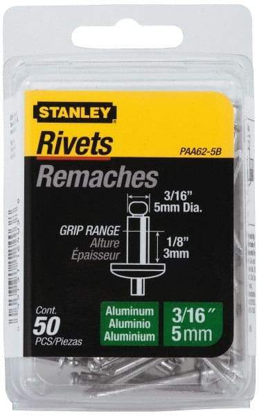 Stanley - Aluminum Color Coded Blind Rivet - Aluminum Mandrel, 0.032" to 1/8" Grip, 3/8" Head Diam, 0.188" to 0.196" Hole Diam, 0.325" Length Under Head, 3/16" Body Diam - Eagle Tool & Supply