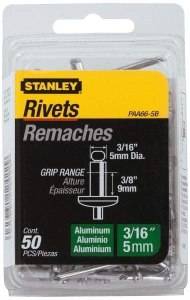 Stanley - Aluminum Color Coded Blind Rivet - Aluminum Mandrel, 0.313" to 3/8" Grip, 3/8" Head Diam, 0.188" to 0.196" Hole Diam, 0.575" Length Under Head, 3/16" Body Diam - Eagle Tool & Supply