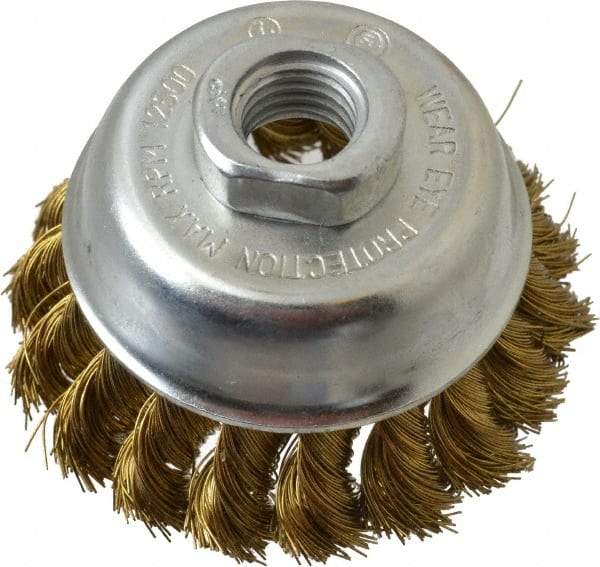 Value Collection - 2-3/4" Diam, 5/8-11 Threaded Arbor, Brass Fill Cup Brush - 0.014 Wire Diam, 3/4" Trim Length, 12,500 Max RPM - Eagle Tool & Supply