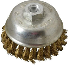 Value Collection - 4" Diam, 5/8-11 Threaded Arbor, Brass Fill Cup Brush - 0.014 Wire Diam, 7/8" Trim Length, 8,500 Max RPM - Eagle Tool & Supply