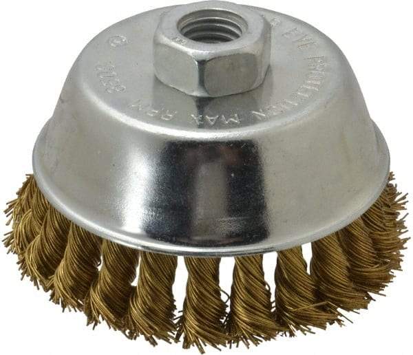 Value Collection - 4" Diam, 5/8-11 Threaded Arbor, Brass Fill Cup Brush - 0.02 Wire Diam, 7/8" Trim Length, 8,500 Max RPM - Eagle Tool & Supply