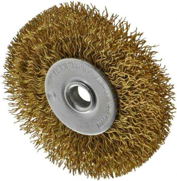 Value Collection - 2-1/2" OD, 1/4" Shank Diam, Crimped Brass Wheel Brush - 3/8" Face Width, 1/2" Trim Length, 0.014" Filament Diam, 20,000 RPM - Eagle Tool & Supply