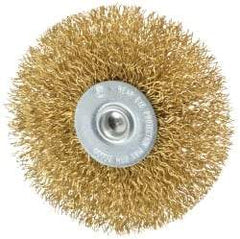 Value Collection - 3" OD, 1/4" Shank Diam, Crimped Brass Wheel Brush - 3/8" Face Width, 7/8" Trim Length, 0.014" Filament Diam, 20,000 RPM - Eagle Tool & Supply