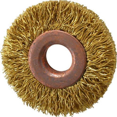 Value Collection - 1-1/2" OD, 3/8" Arbor Hole, Crimped Brass Wheel Brush - 5/16" Face Width, 3/8" Trim Length, 0.014" Filament Diam, 20,000 RPM - Eagle Tool & Supply