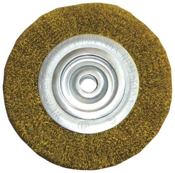 Value Collection - 4" OD, 5/8" Arbor Hole, Crimped Brass Wheel Brush - 1/2" Face Width, 5/8" Trim Length, 0.012" Filament Diam, 6,000 RPM - Eagle Tool & Supply