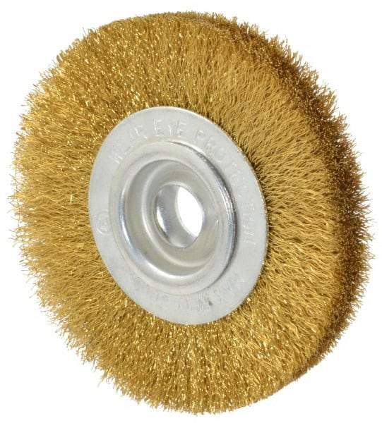 Value Collection - 4" OD, 5/8" Arbor Hole, Crimped Brass Wheel Brush - 1/2" Face Width, 5/8" Trim Length, 0.008" Filament Diam, 6,000 RPM - Eagle Tool & Supply