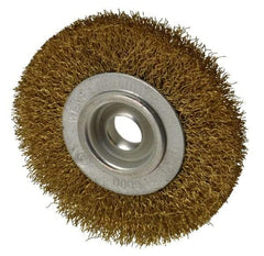 Value Collection - 4" OD, 5/8" Arbor Hole, Crimped Brass Wheel Brush - 1/2" Face Width, 5/8" Trim Length, 0.014" Filament Diam, 6,000 RPM - Eagle Tool & Supply