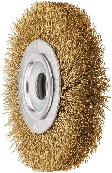 Value Collection - 4" OD, 5/8" Arbor Hole, Crimped Brass Wheel Brush - 1/2" Face Width, 5/8" Trim Length, 0.02" Filament Diam, 6,000 RPM - Eagle Tool & Supply