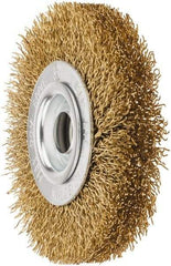 Value Collection - 4" OD, 5/8" Arbor Hole, Crimped Brass Wheel Brush - 1/2" Face Width, 5/8" Trim Length, 0.02" Filament Diam, 6,000 RPM - Eagle Tool & Supply