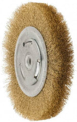 Value Collection - 6" OD, 5/8" Arbor Hole, Crimped Brass Wheel Brush - 1" Face Width, 1-1/8" Trim Length, 0.008" Filament Diam, 6,000 RPM - Eagle Tool & Supply