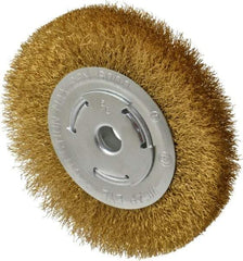 Value Collection - 6" OD, 5/8" Arbor Hole, Crimped Brass Wheel Brush - 1" Face Width, 1-1/8" Trim Length, 0.012" Filament Diam, 6,000 RPM - Eagle Tool & Supply