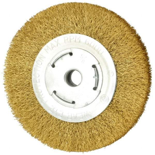 Value Collection - 6" OD, 5/8" Arbor Hole, Crimped Brass Wheel Brush - 1" Face Width, 1-1/8" Trim Length, 0.014" Filament Diam, 6,000 RPM - Eagle Tool & Supply