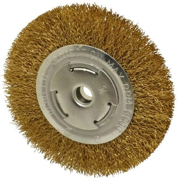 Value Collection - 6" OD, 5/8" Arbor Hole, Crimped Brass Wheel Brush - 1" Face Width, 1-1/8" Trim Length, 0.02" Filament Diam, 6,000 RPM - Eagle Tool & Supply