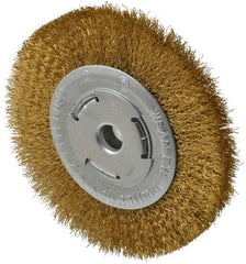 Value Collection - 6" OD, 1/4" Arbor Hole, Crimped Brass Wheel Brush - 1/2" Face Width, 1-1/8" Trim Length, 0.012" Filament Diam, 6,000 RPM - Eagle Tool & Supply