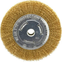 Value Collection - 6" OD, 5/8" Arbor Hole, Crimped Brass Wheel Brush - 1/2" Face Width, 1-1/8" Trim Length, 0.014" Filament Diam, 6,000 RPM - Eagle Tool & Supply