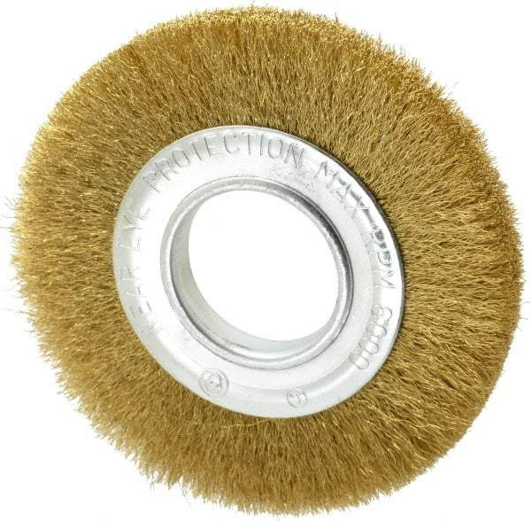 Value Collection - 6" OD, 2" Arbor Hole, Crimped Brass Wheel Brush - 7/8" Face Width, 1-1/8" Trim Length, 0.008" Filament Diam, 6,000 RPM - Eagle Tool & Supply