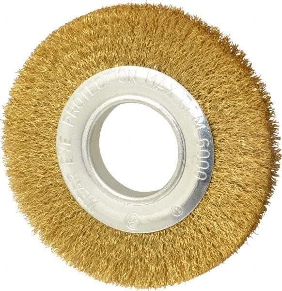 Value Collection - 6" OD, 1/4" Arbor Hole, Crimped Brass Wheel Brush - 7/8" Face Width, 1-1/8" Trim Length, 0.012" Filament Diam, 6,000 RPM - Eagle Tool & Supply