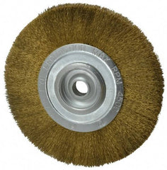 Value Collection - 8" OD, 3/4" Arbor Hole, Crimped Brass Wheel Brush - 1/2" Face Width, 1-3/4" Trim Length, 0.008" Filament Diam, 4,500 RPM - Eagle Tool & Supply