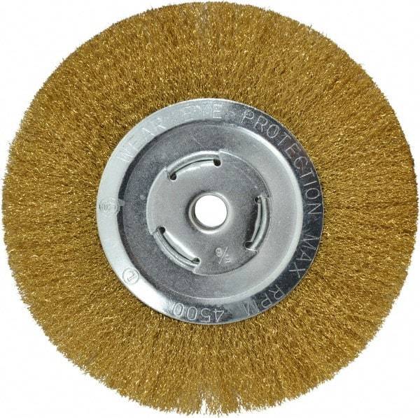 Value Collection - 8" OD, 5/8" Arbor Hole, Crimped Brass Wheel Brush - 1/2" Face Width, 1-3/4" Trim Length, 0.008" Filament Diam, 4,500 RPM - Eagle Tool & Supply