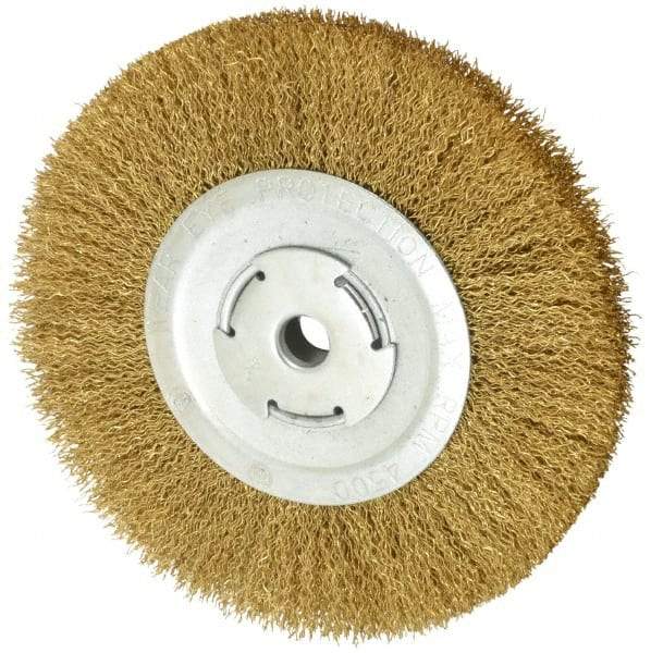 Value Collection - 8" OD, 5/8" Arbor Hole, Crimped Brass Wheel Brush - 1/2" Face Width, 1-3/4" Trim Length, 0.02" Filament Diam, 4,500 RPM - Eagle Tool & Supply