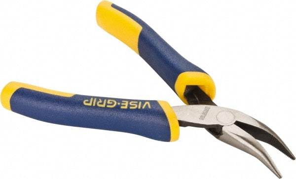 Irwin - 5" OAL, 1-1/8" Jaw Length x 1/4" Jaw Width, Long Nose Side Cutting Bent Nose Pliers - Serrated Jaw, Standard Head, ProTouch Handles, with Spring - Eagle Tool & Supply