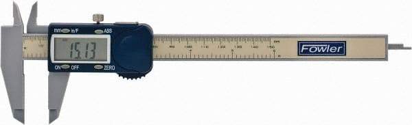 Fowler - 0 to 150mm Range, 0.01mm Resolution, Electronic Caliper - Polycarbonate with 1.56" Polycarbonate Jaws, 0.2mm Accuracy - Eagle Tool & Supply