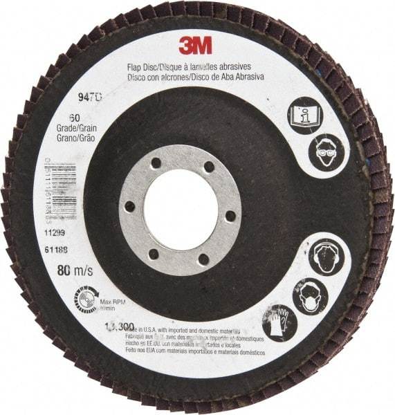 3M - 60 Grit, 4-1/2" Disc Diam, 7/8" Center Hole, Type 27 Ceramic Flap Disc - 13,300 Max RPM, Cloth Backing, Arbor Attaching System, Coated - Eagle Tool & Supply