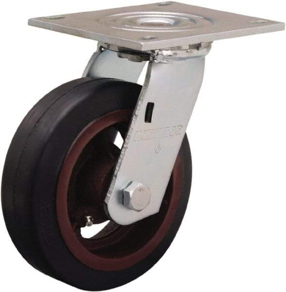 Hamilton - 6" Diam x 2" Wide x 7-1/2" OAH Top Plate Mount Swivel Caster - Rubber Mold on Cast Iron, 410 Lb Capacity, Straight Roller Bearing, 5 x 5-1/2" Plate - Eagle Tool & Supply