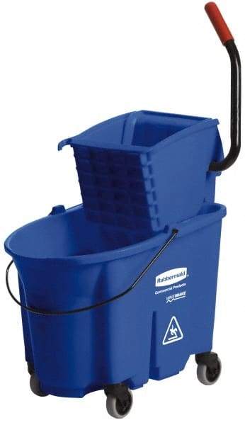 Rubbermaid - 35 Qt Plastic Bucket & Wringer - 20-1/8" Long x 36-1/2" High x 15-3/4" Wide, Blue - Eagle Tool & Supply