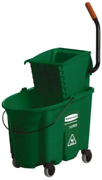 Rubbermaid - 35 Qt Plastic Bucket & Wringer - 20-1/8" Long x 36-1/2" High x 15-3/4" Wide, Green - Eagle Tool & Supply