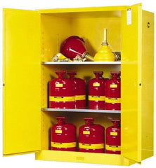 Justrite - 2 Door, 2 Shelf, Yellow Steel Standard Safety Cabinet for Flammable and Combustible Liquids - 65" High x 43" Wide x 34" Deep, Self Closing Door, 90 Gal Capacity - Eagle Tool & Supply