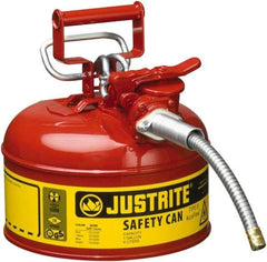 Justrite - 1 Gal Galvanized Steel Type II Safety Can - 10-1/2" High x 9-1/2" Diam, Red with Yellow - Eagle Tool & Supply