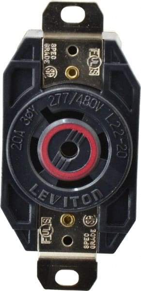 Leviton - 277/480 VAC, 20 Amp, L22-20R NEMA, Self Grounding Receptacle - 4 Poles, 5 Wire, Female End, Black - Eagle Tool & Supply