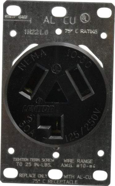 Leviton - 125/250 VAC, 30 Amp, 10-30R NEMA Configuration, Black, Industrial Grade, Ungrounded Single Receptacle - 1 Phase, 3 Poles, 3 Wire, Flush Mount, Corrosion Resistant - Eagle Tool & Supply