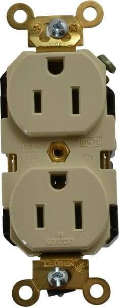 Leviton - 125 VAC, 15 Amp, 5-15R NEMA Configuration, Ivory, Industrial Grade, Self Grounding Duplex Receptacle - 1 Phase, 2 Poles, 3 Wire, Flush Mount, Impact Resistant - Eagle Tool & Supply