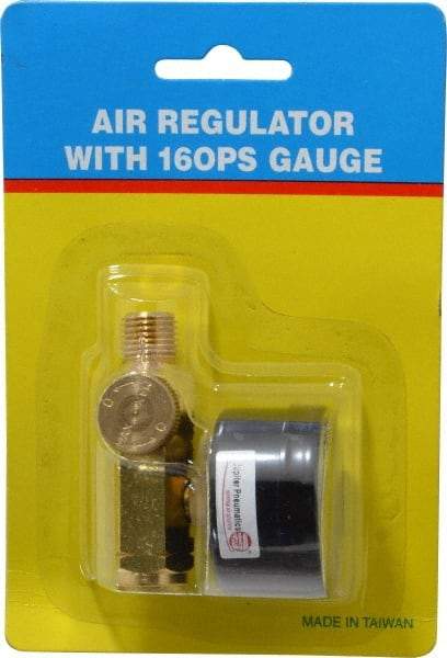 PRO-SOURCE - 1/4 NPT Port, Brass Dial Air Regulator - 10 to 120 psi Range, 120 Max psi Supply Pressure, 1/4" Gauge Port Thread, 2.36" Wide x 1.653" High - Eagle Tool & Supply