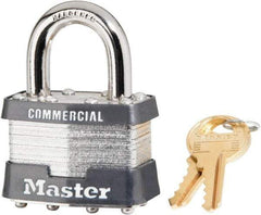 Master Lock - 15/16" Shackle Clearance, Keyed Alike Laminated Steel Padlock - 5/16" Shackle Diam, Steel - Eagle Tool & Supply