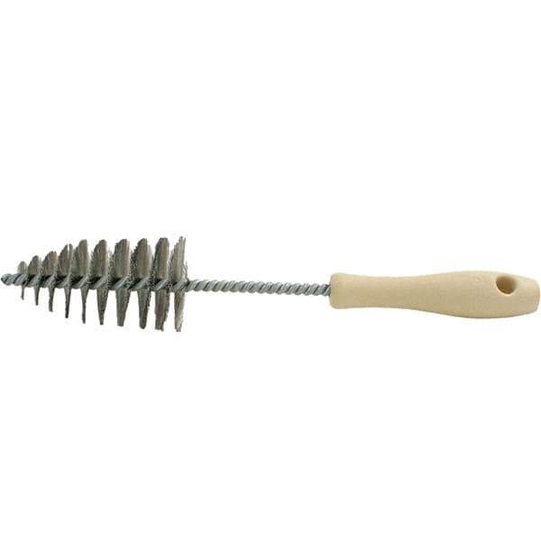 Brush Research Mfg. - 2.05" Diam Helical Stainless Steel Tube Brush - Single Spiral, 0.006" Filament Diam, 3-5/8" Brush Length, 12" OAL, 0.292" Diam Plastic Handle Shank - Eagle Tool & Supply