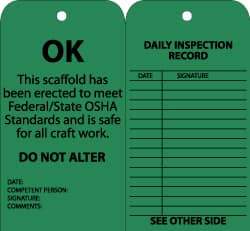 NMC - 3" High x 6" Long, OK - DO NOT ALTER, English Safety & Facility Inspection Tag - Tag Header: Notice, 2 Sides, Black & Green Cardstock - Eagle Tool & Supply