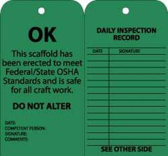 NMC - 3" High x 6" Long, OK - DO NOT ALTER, English Safety & Facility Inspection Tag - Tag Header: Notice, 2 Sides, Black & Green Cardstock - Eagle Tool & Supply