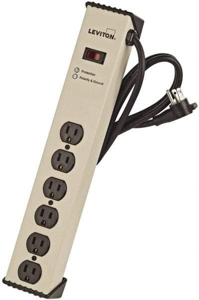 Leviton - 6 Outlets, 125 Volts, 15 Amps, 6' Cord, Power Outlet Strip - Free Hanging Mount, 5-15R NEMA Configuration, 15.73" Strip, cULus, UL Listed File 1449 - Eagle Tool & Supply