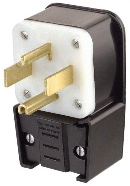 Leviton - 125/250 VAC, 30 Amp, 14-30P NEMA, Angled, Self Grounding, Industrial Grade Plug - 3 Pole, 4 Wire, 1 Phase, Nylon, Black - Eagle Tool & Supply